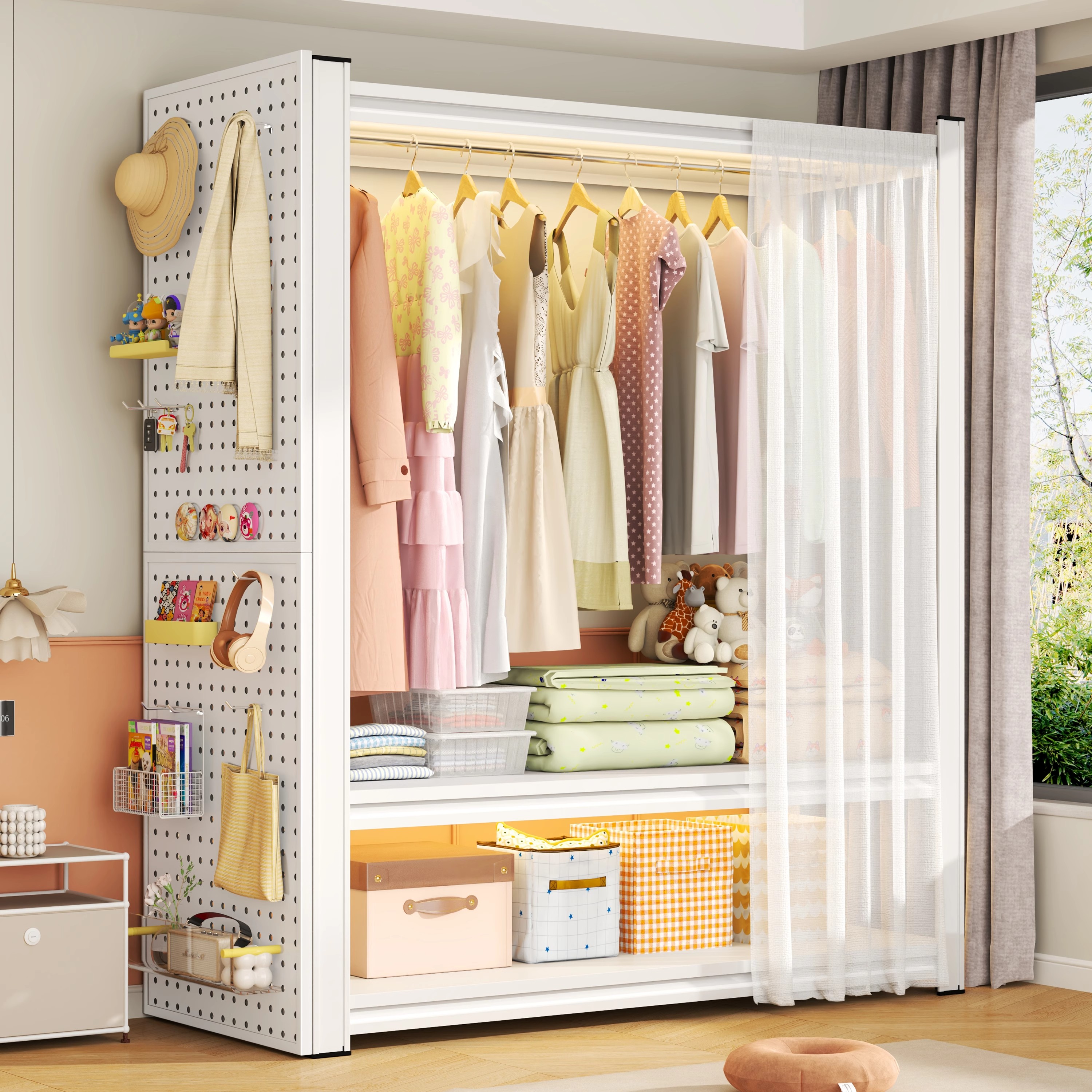 双十一家用挂衣架卧室落地置物架出租屋简易组装货架加粗防尘衣柜