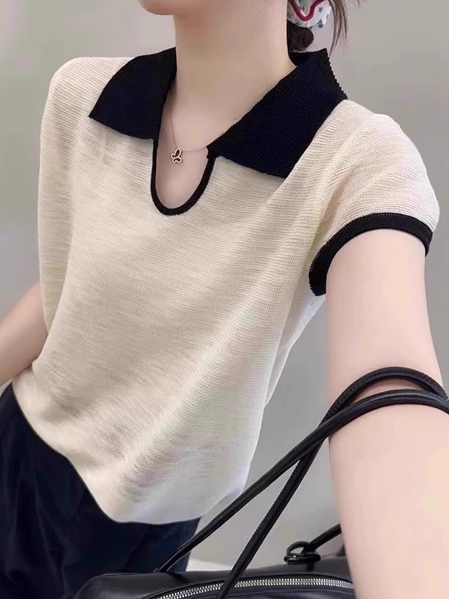 超火撞色冰丝短袖上衣女夏季2025新款减龄针织衫垂感翻领t恤小衫