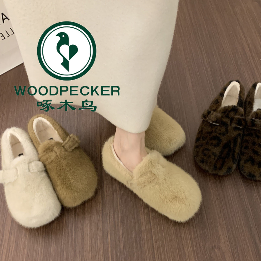 啄木鸟网红毛毛鞋女外穿冬2025新款懒人一脚蹬毛保暖加绒勃肯棉鞋