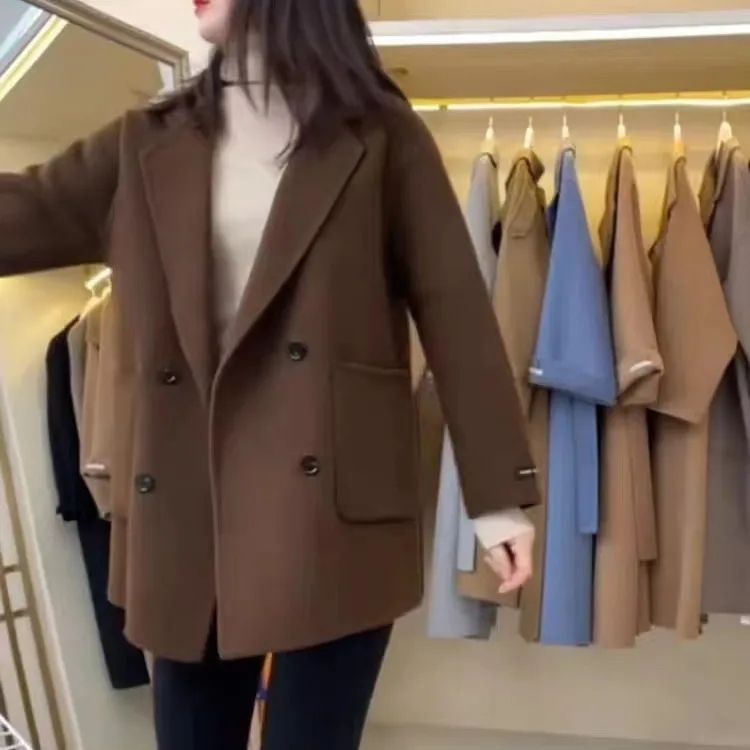 咖啡色西装领双面羊毛大衣女短款2025年新款秋冬韩版宽松毛呢外套