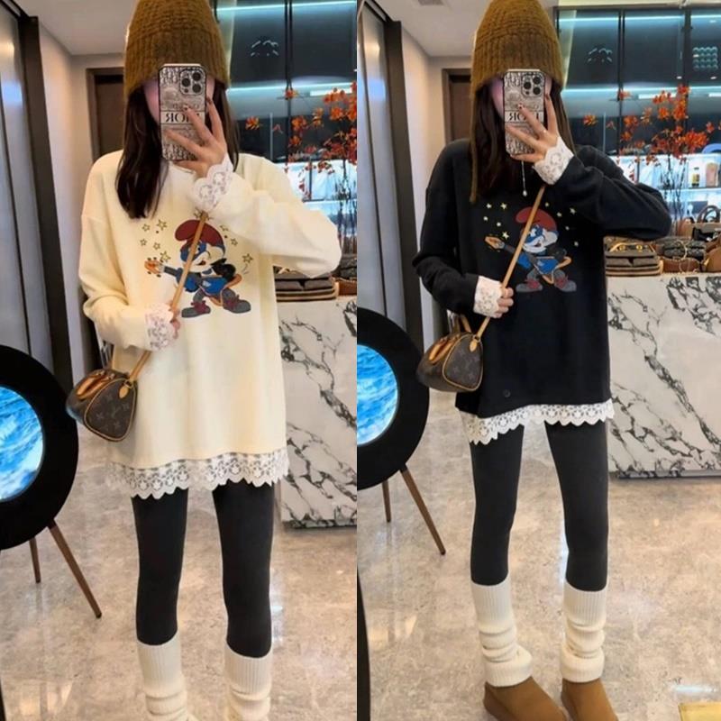 中长款蕾丝拼接磨毛德绒T恤女秋冬减龄卡通印花遮屁股打底衫上衣
