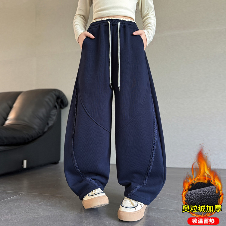 女童加绒裤子秋冬装2025新款女大童冬季一体绒弯刀休闲裤6-12岁潮