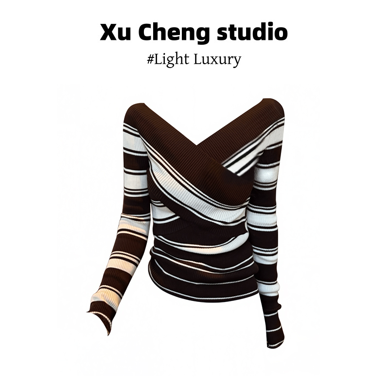 Xu Cheng条纹针织衫早秋季长袖收腰设计感韩系交叉v领打底衫上衣