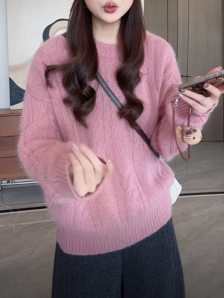 粉色麻花毛衣女秋冬2025年款套头软糯针织衫温柔慵懒长袖打底上衣