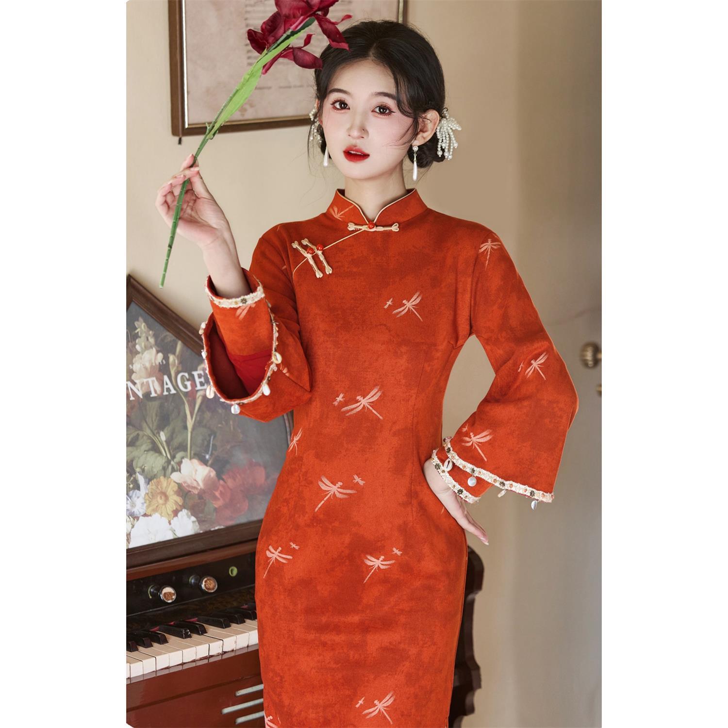 【香榭画廊】改良红色年轻款旗袍2025秋季新款日常收腰显瘦新中式