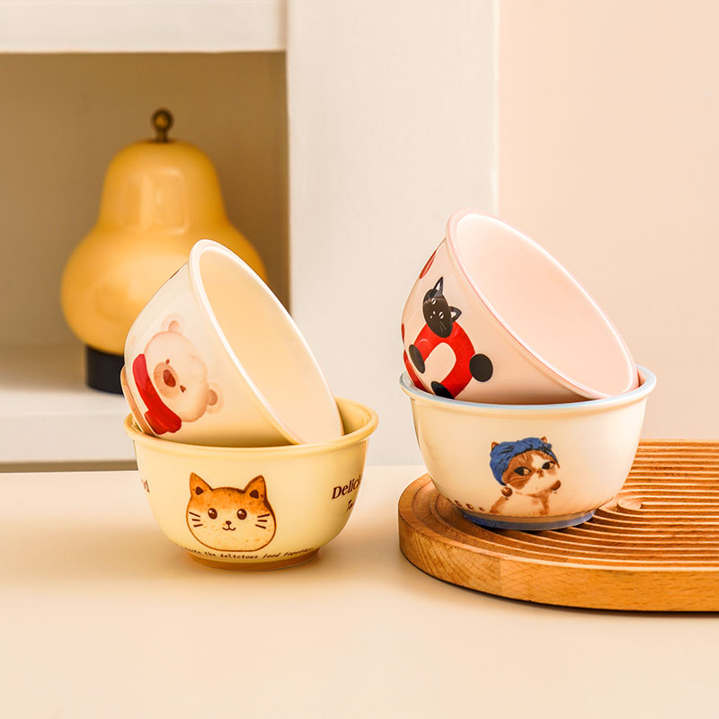 卡通4碗混搭陶瓷碗家用碗具高颜值米饭碗吃饭碗小清新可爱餐具