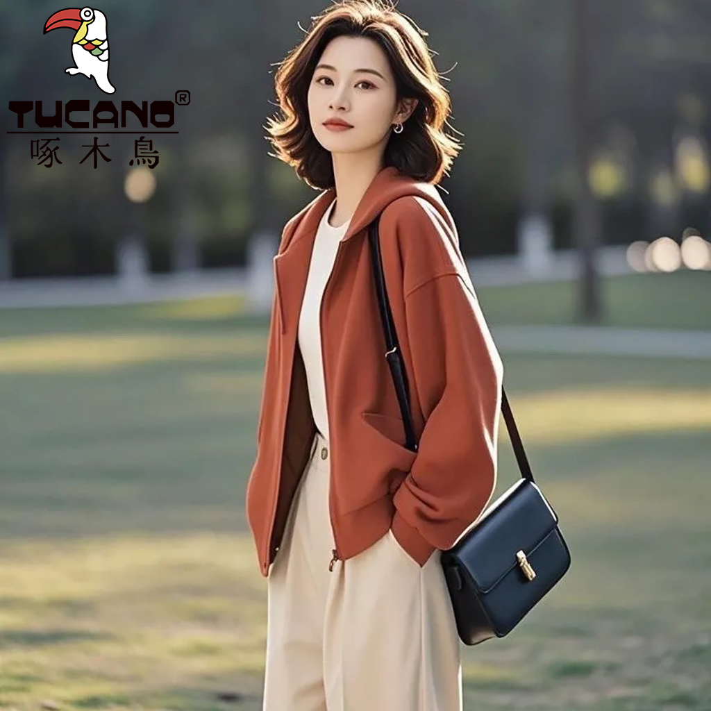 啄木鸟纯棉洋气卫衣秋冬开衫短款百搭休闲感宽松连帽外套女士上衣