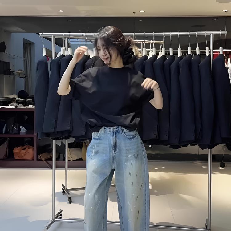 2025春夏新款黑色圆领正肩短袖T恤女慵懒风宽松休闲百搭打底上衣