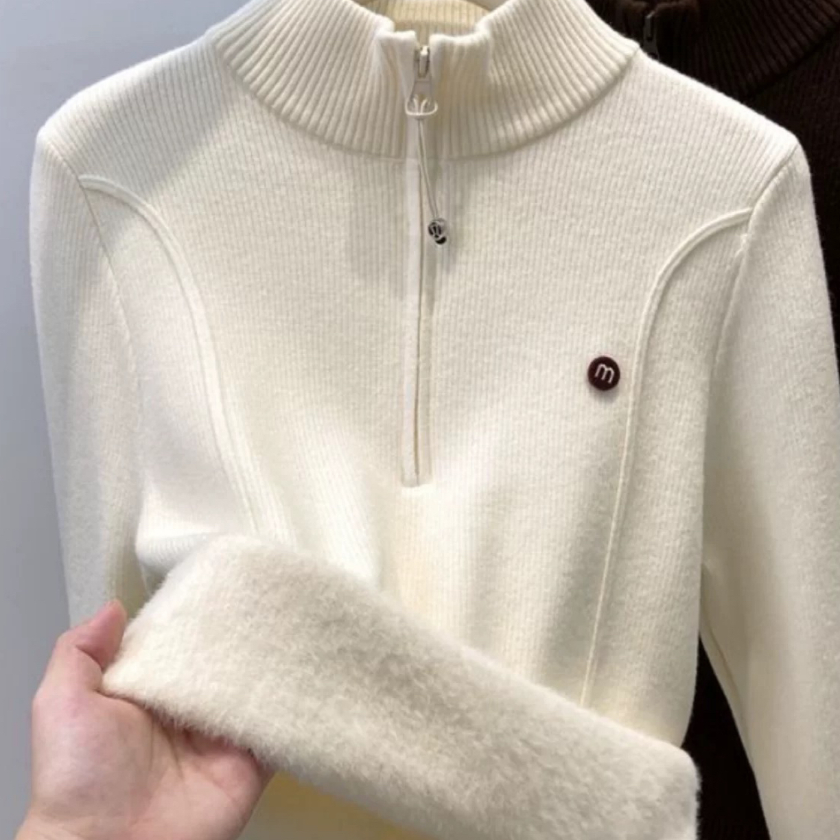 新款拉链半高领毛衣一体加绒加厚针织打底衫女秋冬高级感保暖内搭