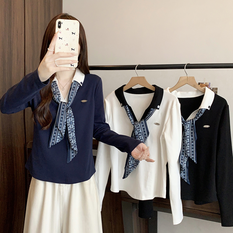 2025秋装新款胖mm大码女设计感翻领丝巾气质针织polo衫