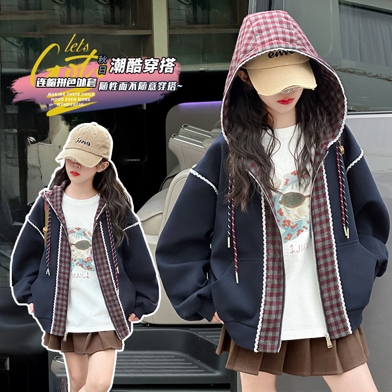 女童春秋季常规拉链衫格子连帽普通外套休闲宽松棒球服运动外套