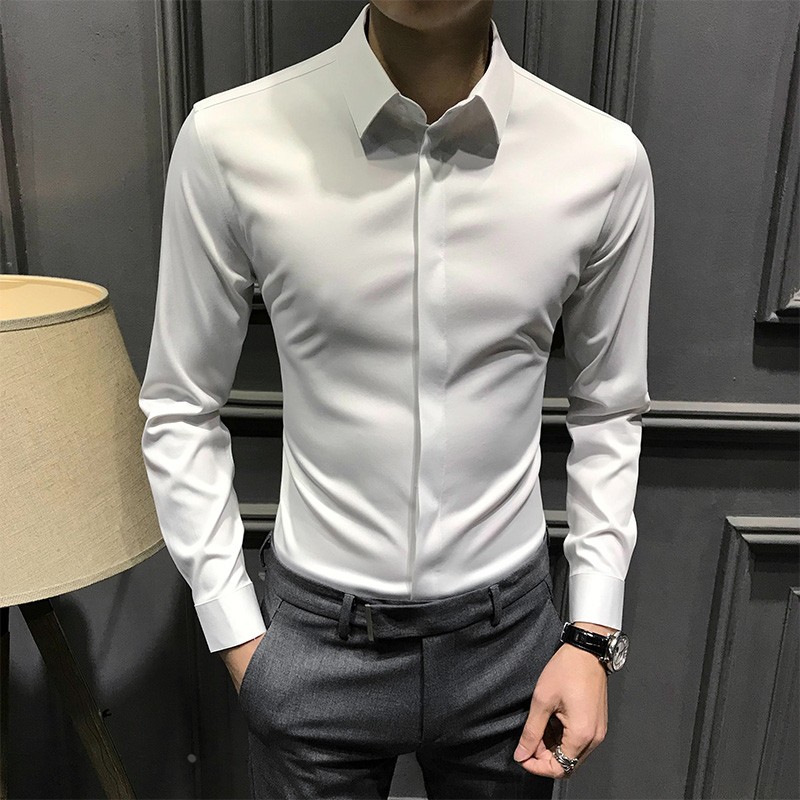 男士秋季衬衫长袖商务暗扣高端轻奢痞帅衬衣抗皱新款修身高级免烫