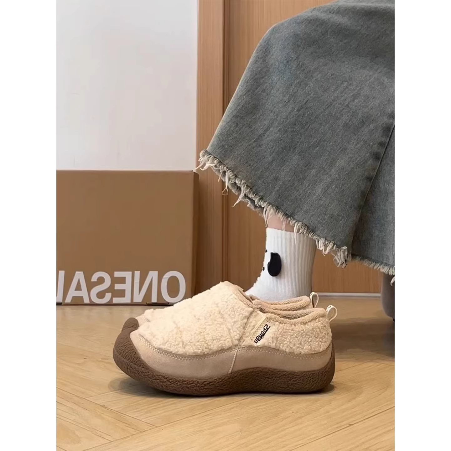 复古加绒小羊蹄毛毛鞋女2025秋冬休闲百搭厚底懒人勃肯雪地靴棉鞋