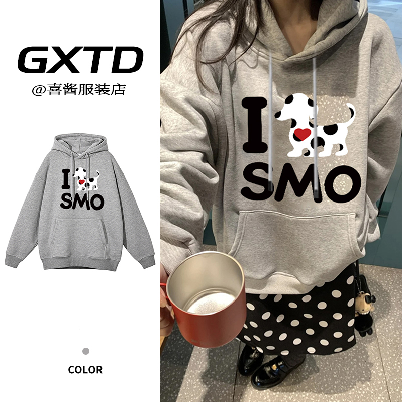 韩式小众连帽波点小狗卫衣上衣春秋宽松爱心小狗松弛设计休闲气质