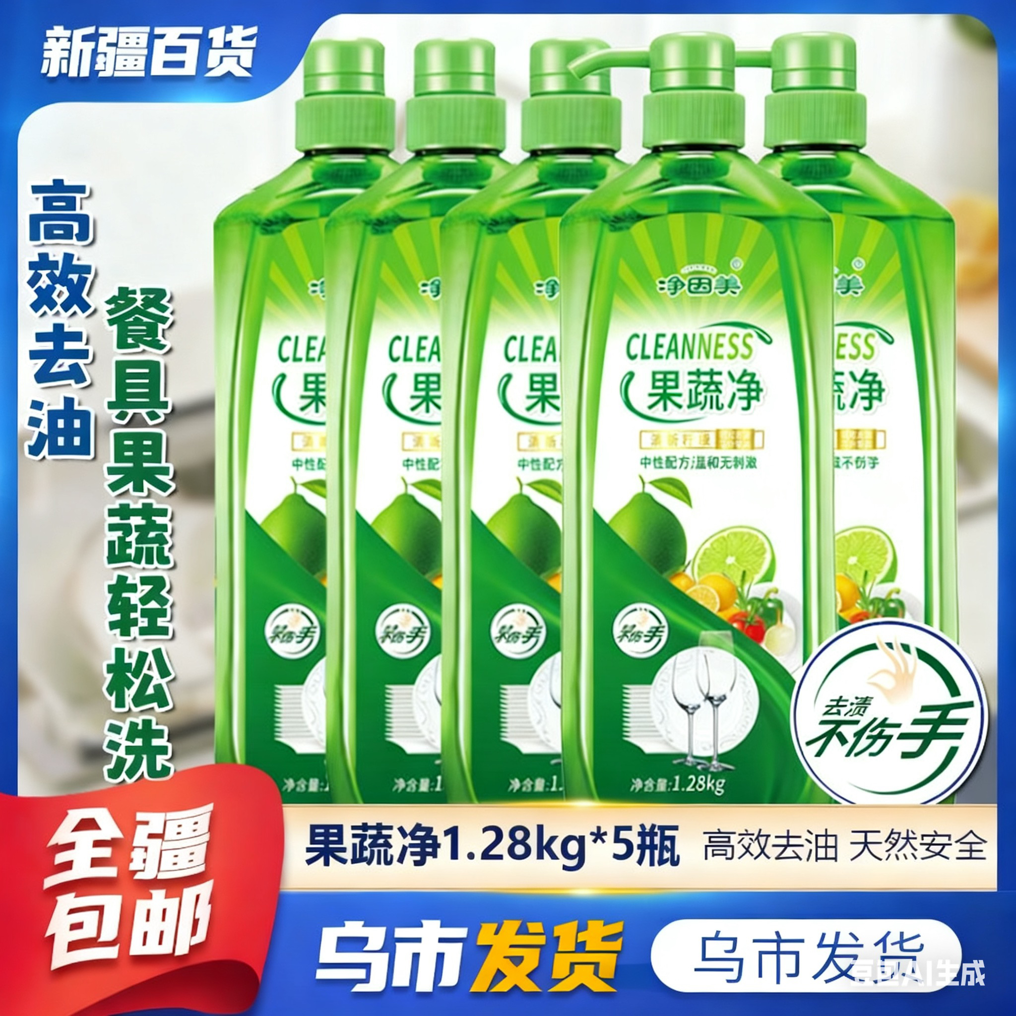 新疆包邮1.28kg大容量柠檬去油洗洁精餐具果蔬净洗菜家用洗洁精