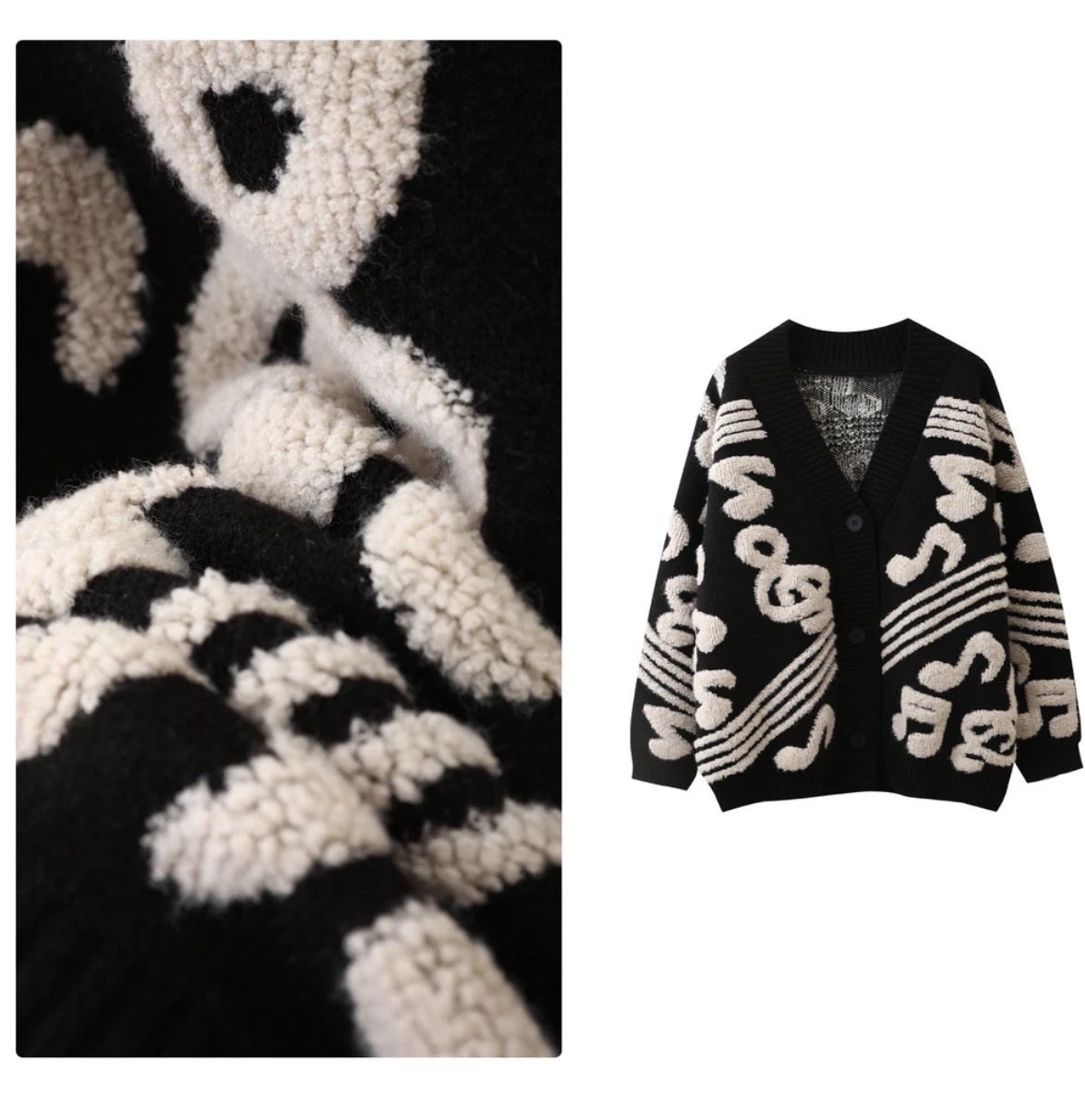 秋冬季长款小香风音符厚开衫时尚百搭针织外套-KS3127