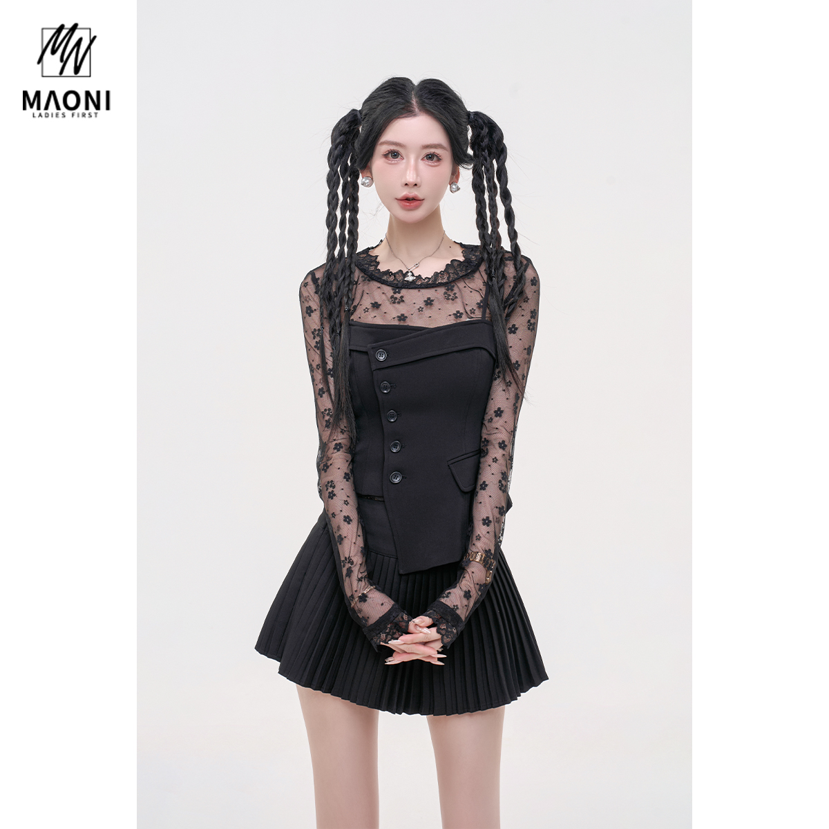 毛妮LADIESFIRST【甜酷叠搭】甜美风蕾丝长袖打底衫女配吊带L2204