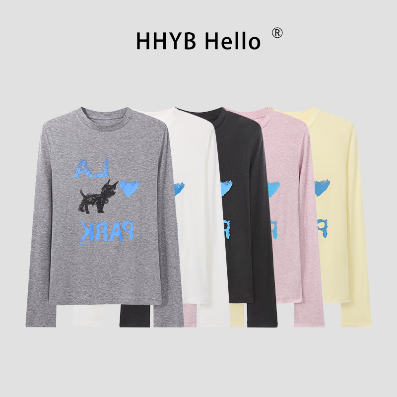 HHYB Hello2025新款时尚印花宽松T恤女防晒宽松长袖打底衫250446