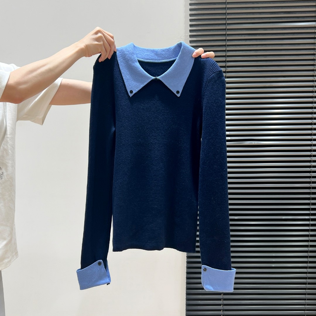 设计感时尚洋气撞色长袖打底衫毛衣秋冬新款Polo领套头内搭针织衫