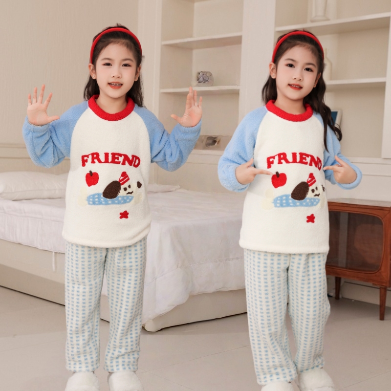 亲子款睡衣男童秋冬款宝宝家居服冬季加绒加厚男孩半边绒冬装