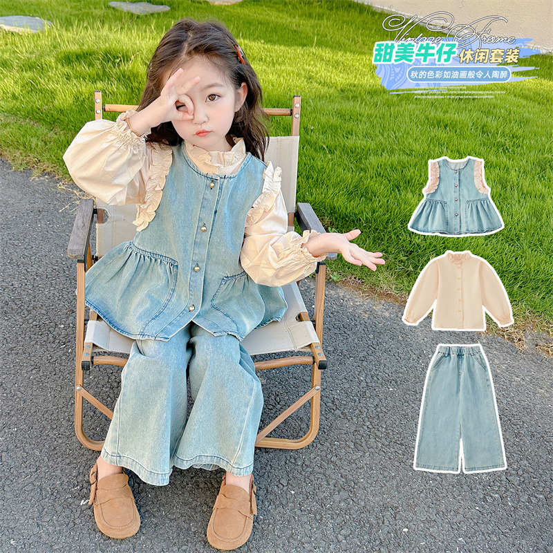 女童洋气牛仔套装春秋季新款时髦中小童三件套儿童秋装潮XFQ753