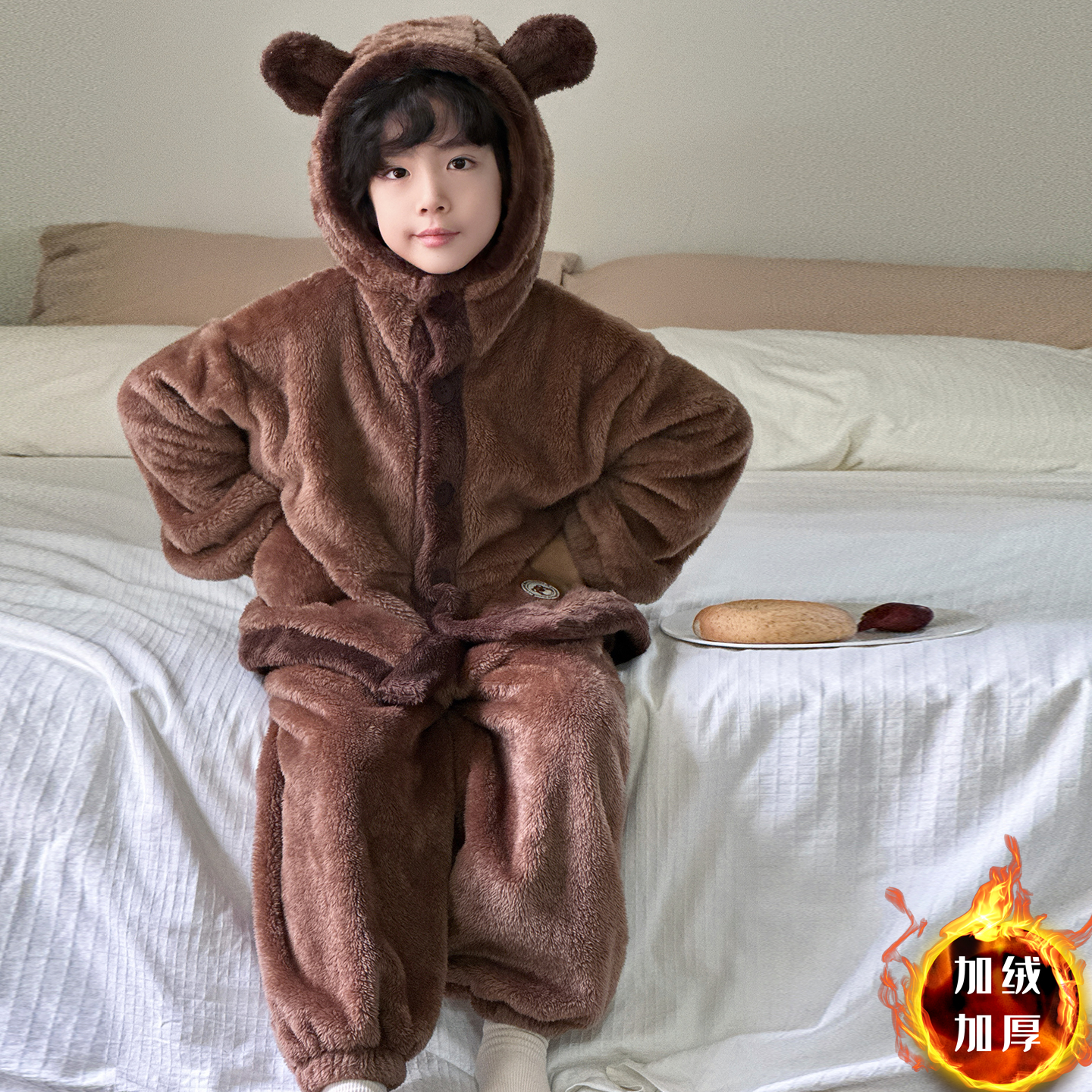 儿童装男童睡衣秋冬款加绒法兰绒中大童男孩家居服珊瑚绒冬季加厚