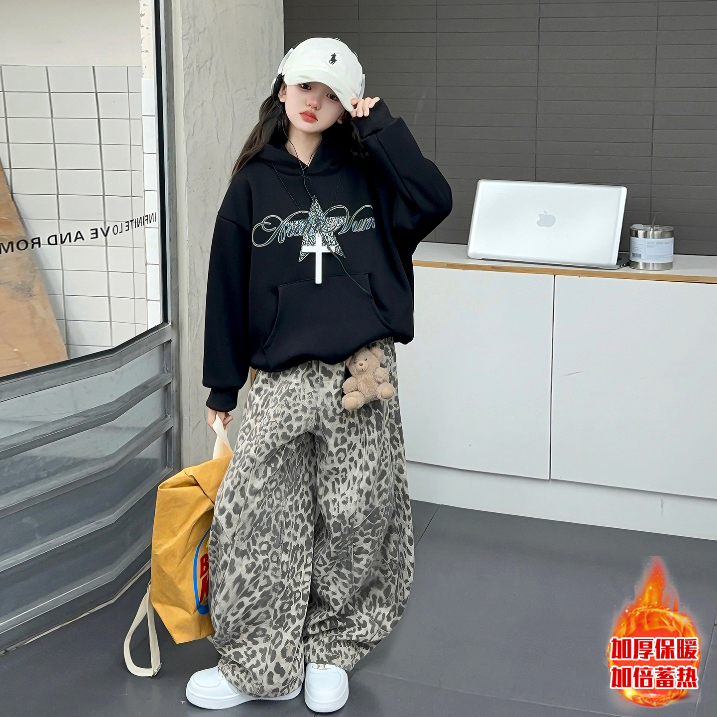 【嘻嘻柚】女童加绒卫衣豹纹弯刀裤套装2025秋冬韩系连帽外套两件套