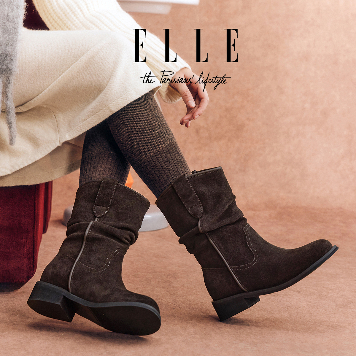 ELLE品牌女鞋牛反绒西部堆堆靴小个子增高靴子冬季一脚蹬中筒短靴