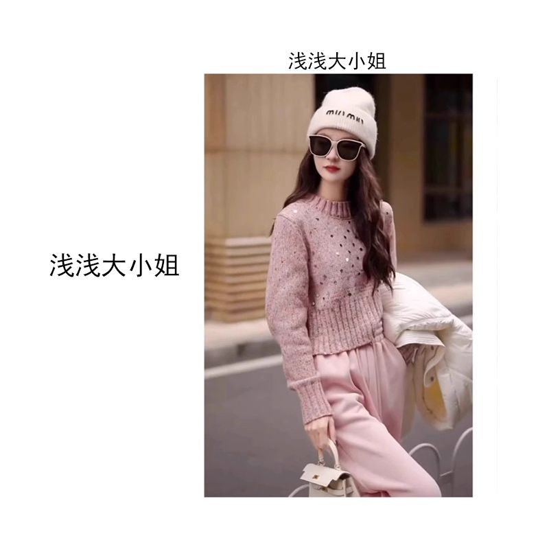秋冬温柔风穿搭一整套女2025新款软糯亮片毛衣搭显瘦休闲裤两件套