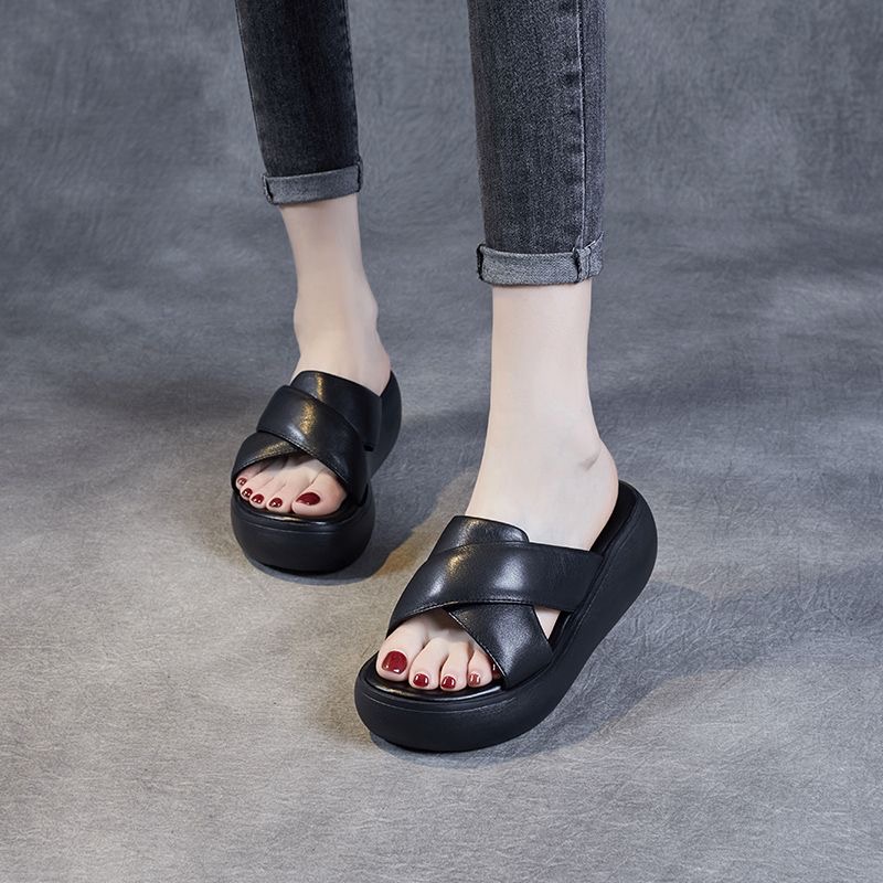 拖鞋女夏外穿简约百搭真皮厚底松糕凉拖鞋舒适轻便软底复古一字拖