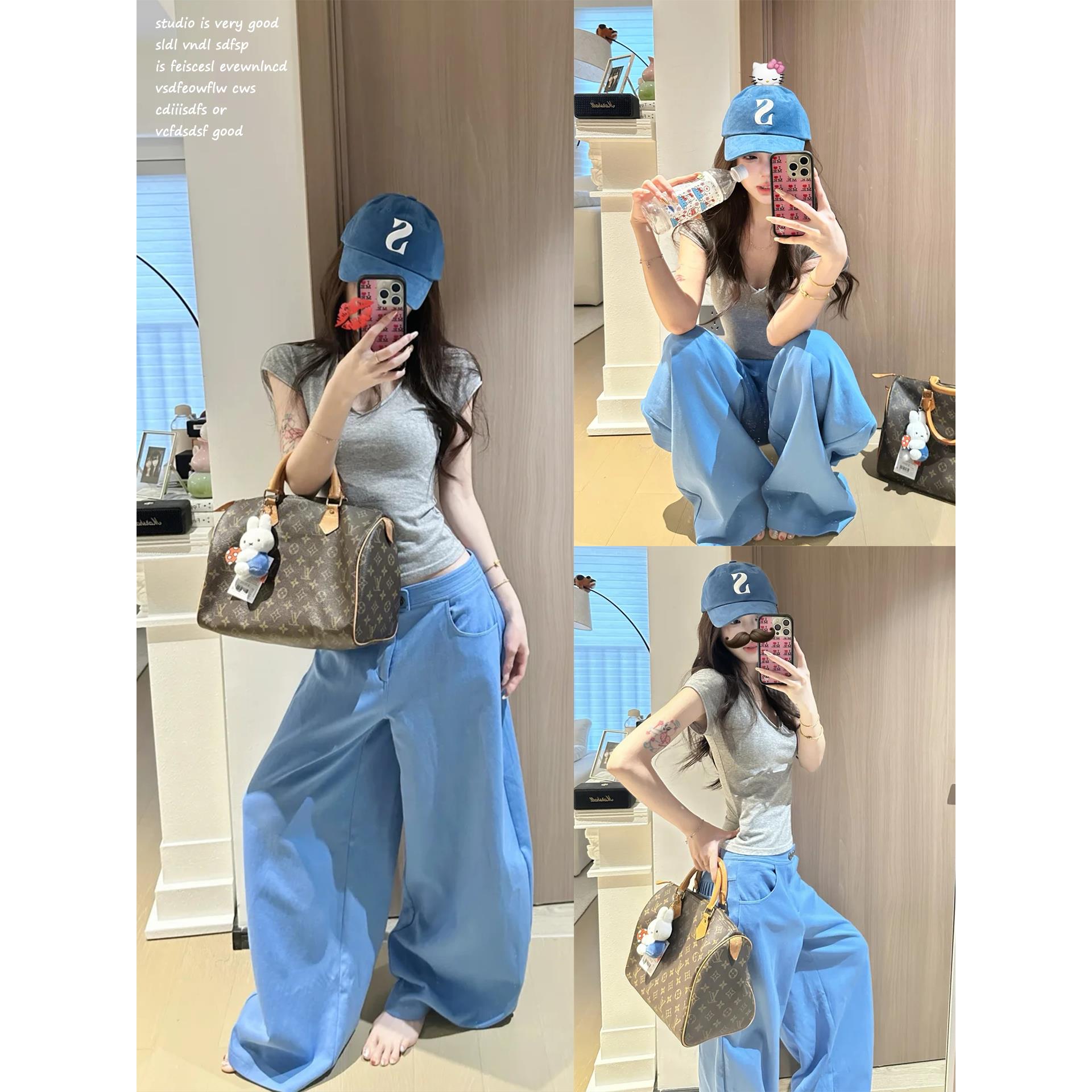 雪千羽蓝色松弛感阔腿裤女2025春秋新款宽松休闲裤女弯刀简约长裤