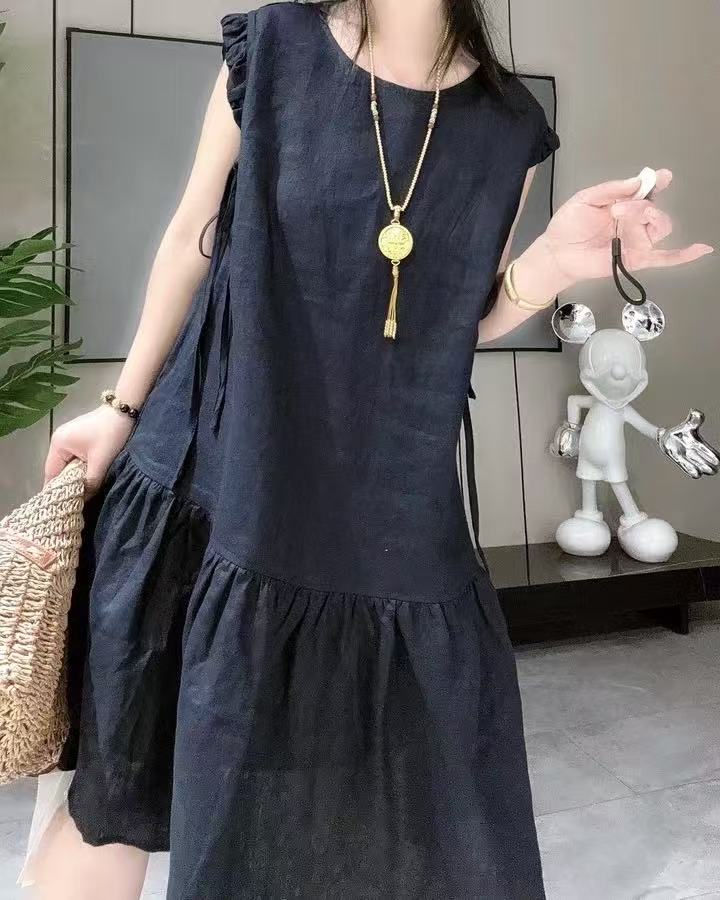 大码女装宽松显瘦纯色圆领拼接荷叶边裙摆无袖中长款休闲连衣裙夏
