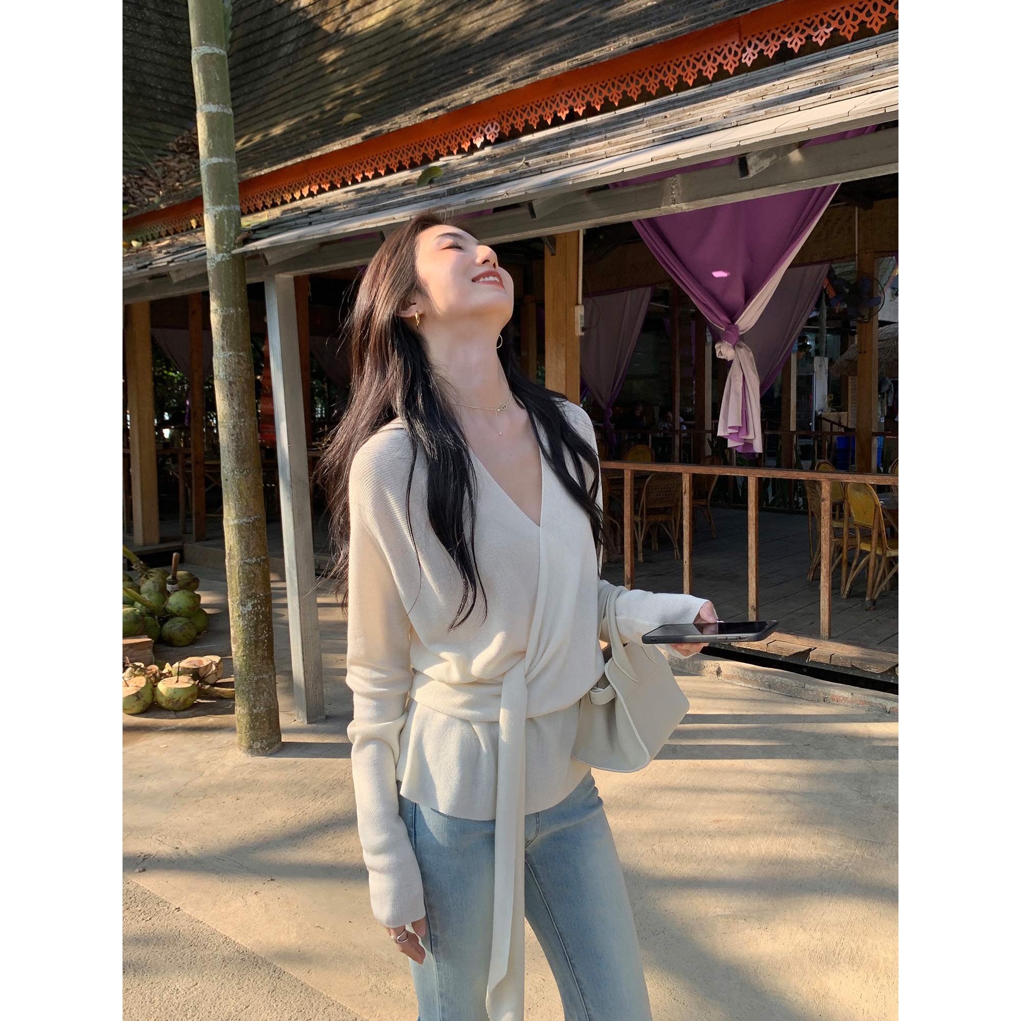 清冷感姐姐 氛围感v领针织衫女小众设计气质收腰绑带上衣