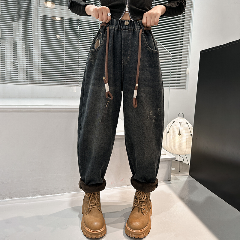初中生女童裤子韩版休闲时尚休闲老爹裤中大儿童加绒春秋装牛仔裤