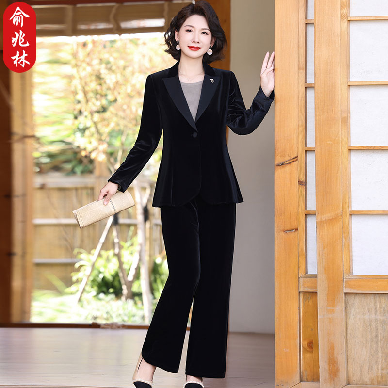 俞兆林中老年金丝绒小西装外套春秋2025新款修身西服妈妈装两件套