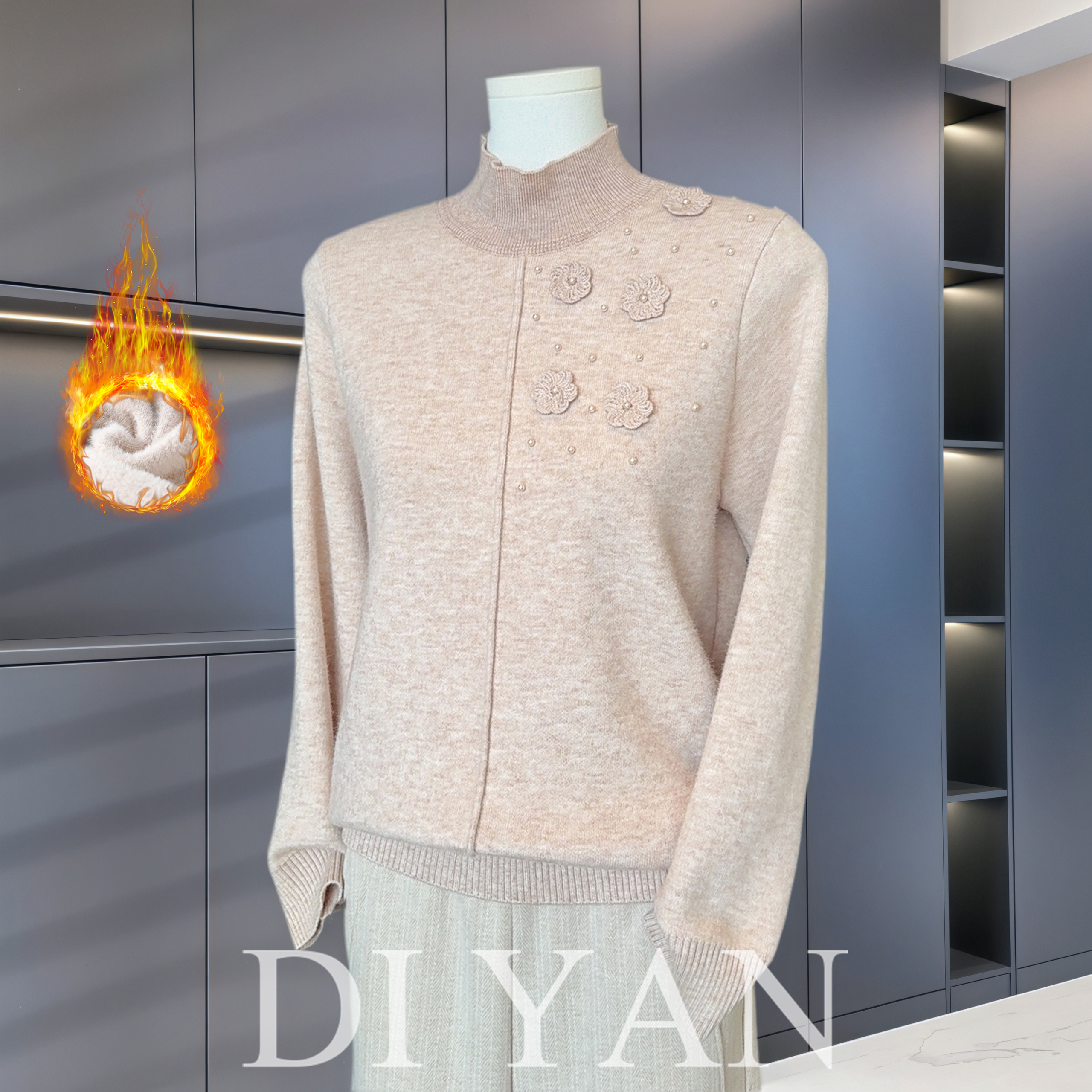 2025新款妈妈冬装加绒加厚针织衫毛衣半高领宽松大码保暖打底上衣