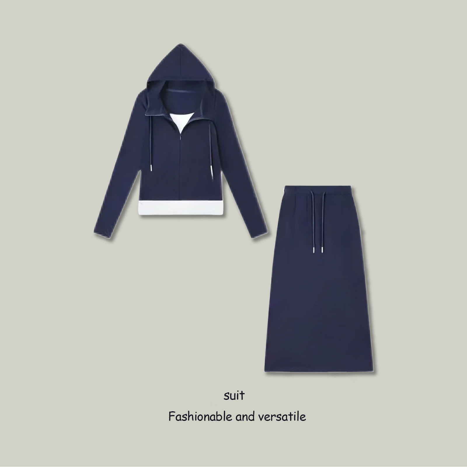 时尚休闲套装女连帽半拉链拼接上衣2025秋冬新款半身裙气质两件套