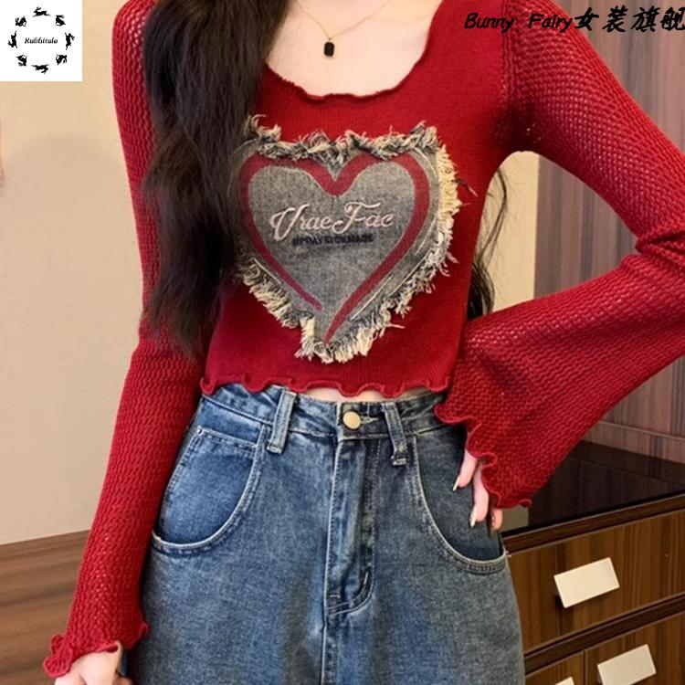 安哥拉红短款上衣女春秋小个子打底红茶风亮色miu高腰喇叭长袖T恤