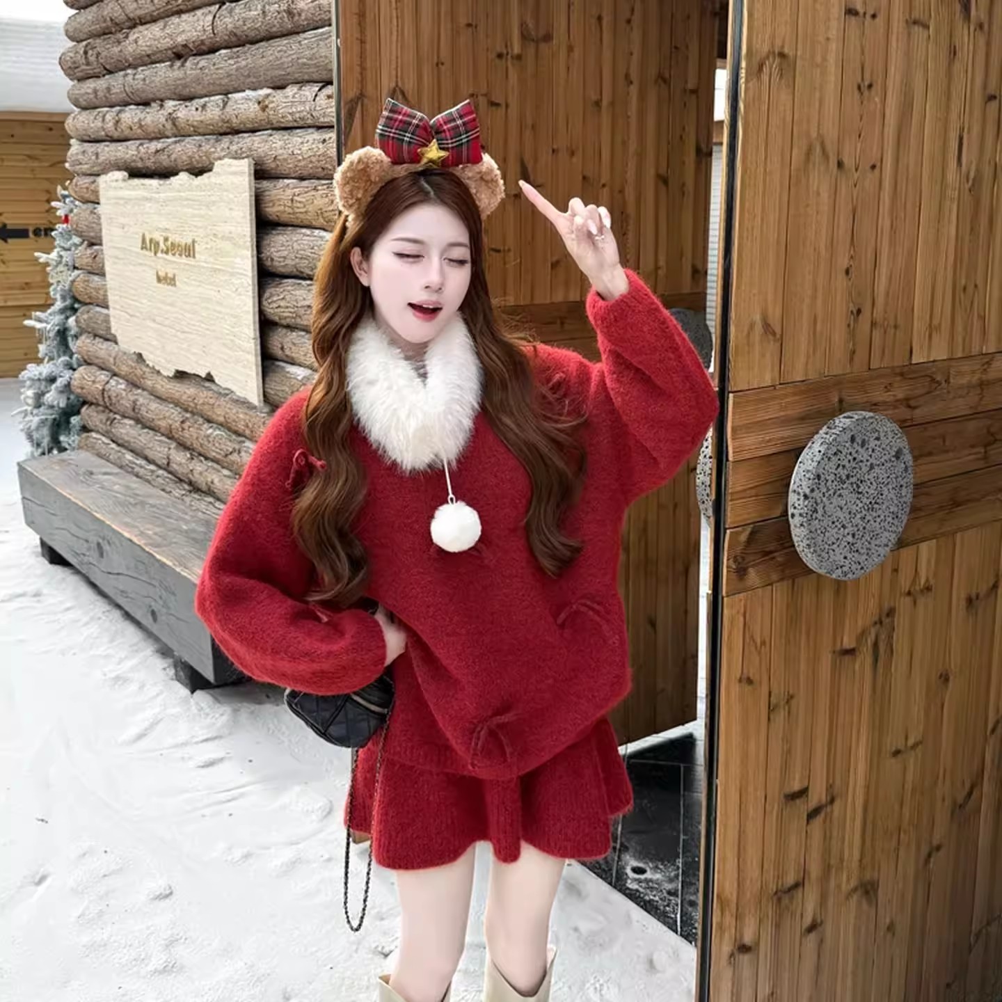 巨好看独特漂亮冬装一整套新年过年红色毛领毛衣针织半身裙两件套