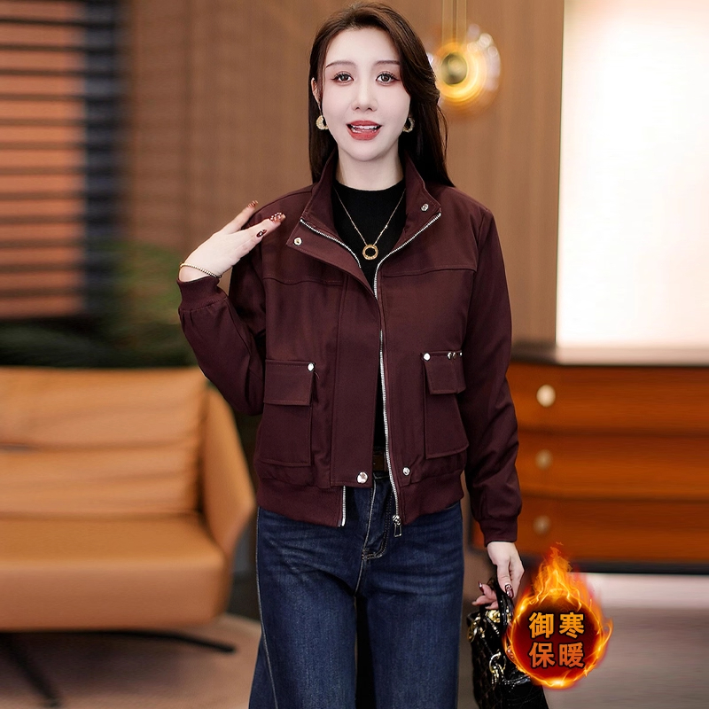 时尚加绒加厚保暖短款牛仔外套女2025冬季新款复古立领夹克衫上衣