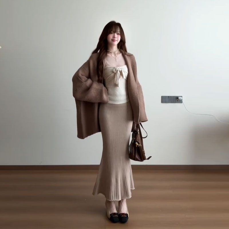 气质一整套ootd穿搭复古毛衣开衫吊带上衣鱼尾半身裙三件套26冬季