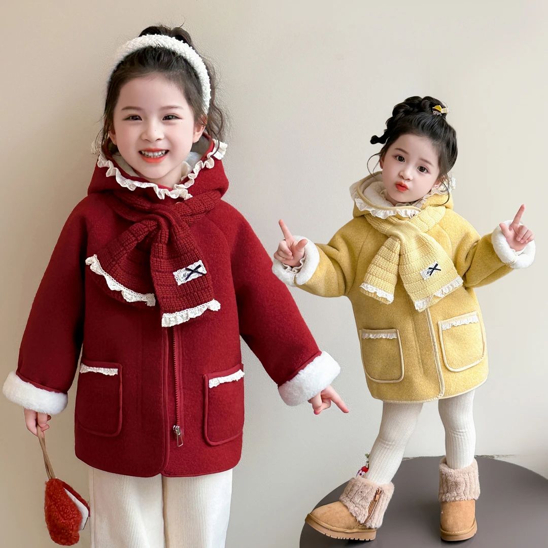 女童加绒毛呢外套儿童秋冬装女宝宝保暖拜年服上衣小女孩呢子大衣