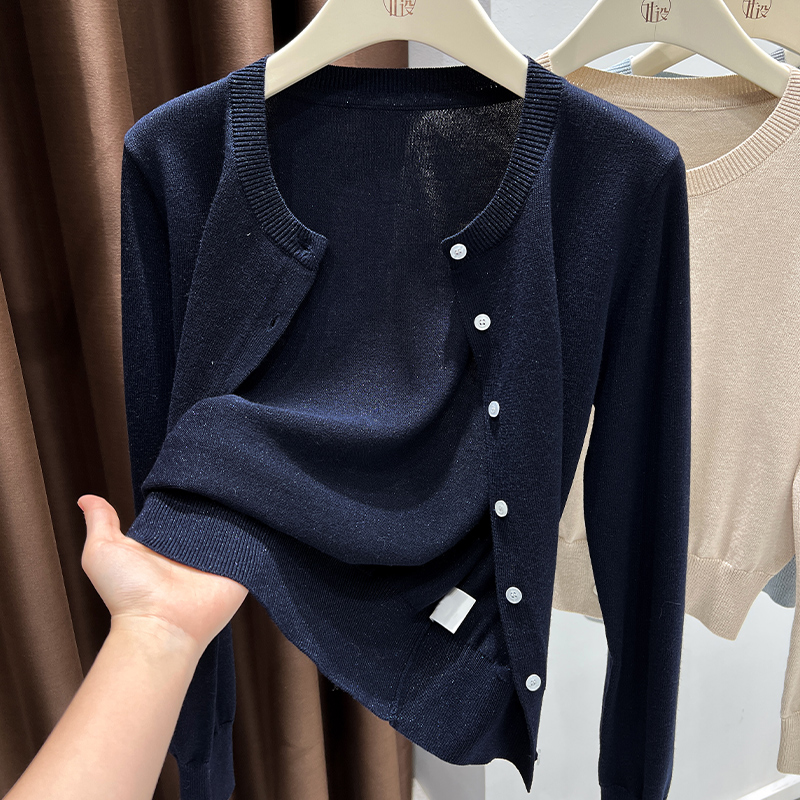 藏青色针织开衫外套女秋长袖外搭披肩配吊带裙高级感罩衫宽松上衣