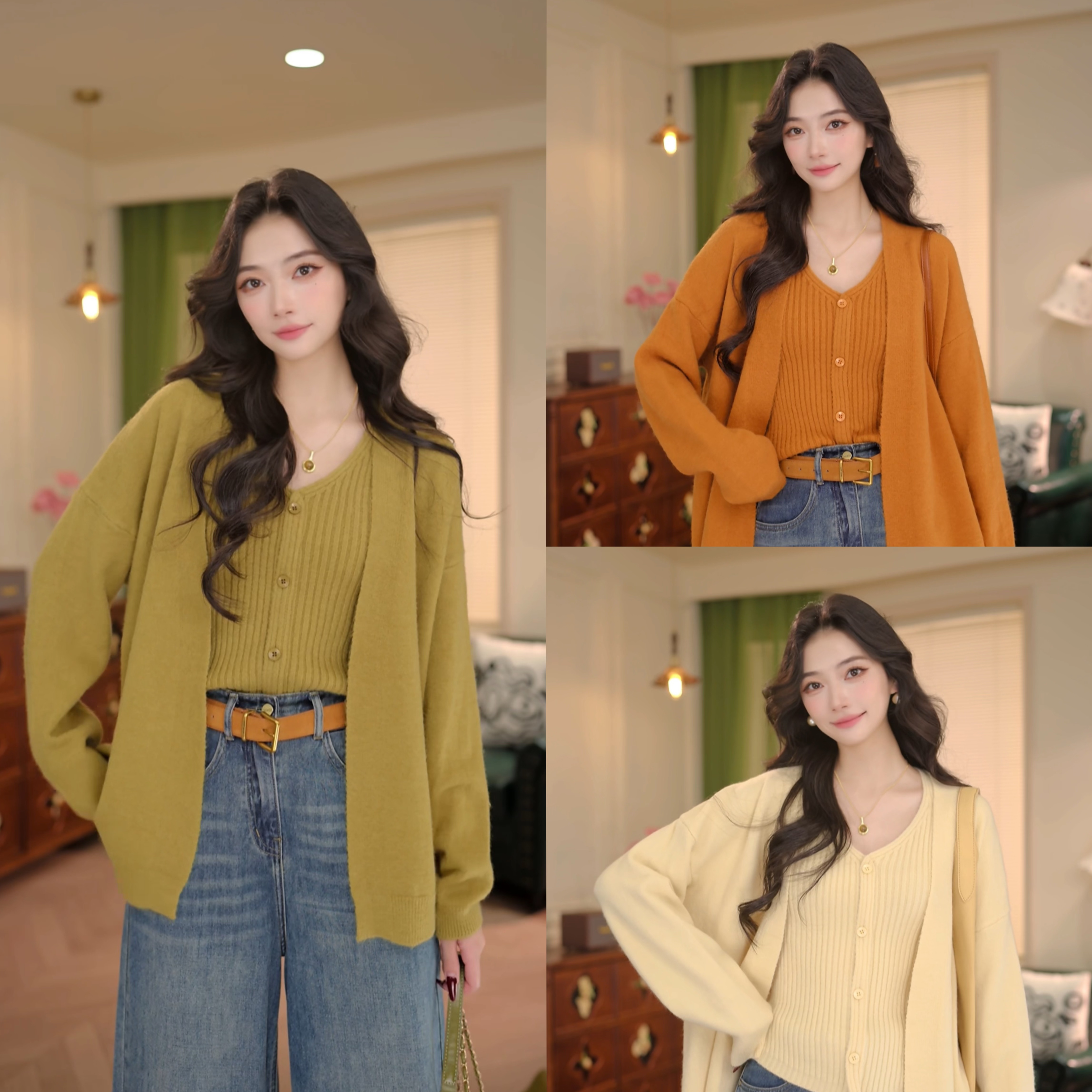 丁佳欣【椒盐海苔】复古针织开衫两件套宽松百搭上衣DC1989282