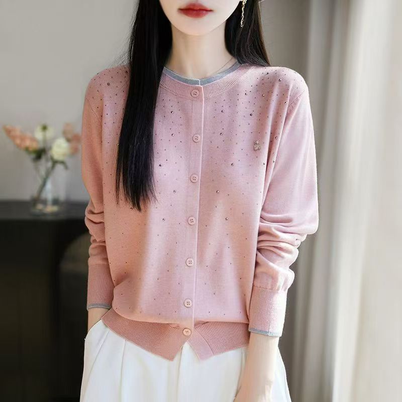 时尚假两件烫钻高级感宽松针织开衫外套2025春秋女百搭别致上衣