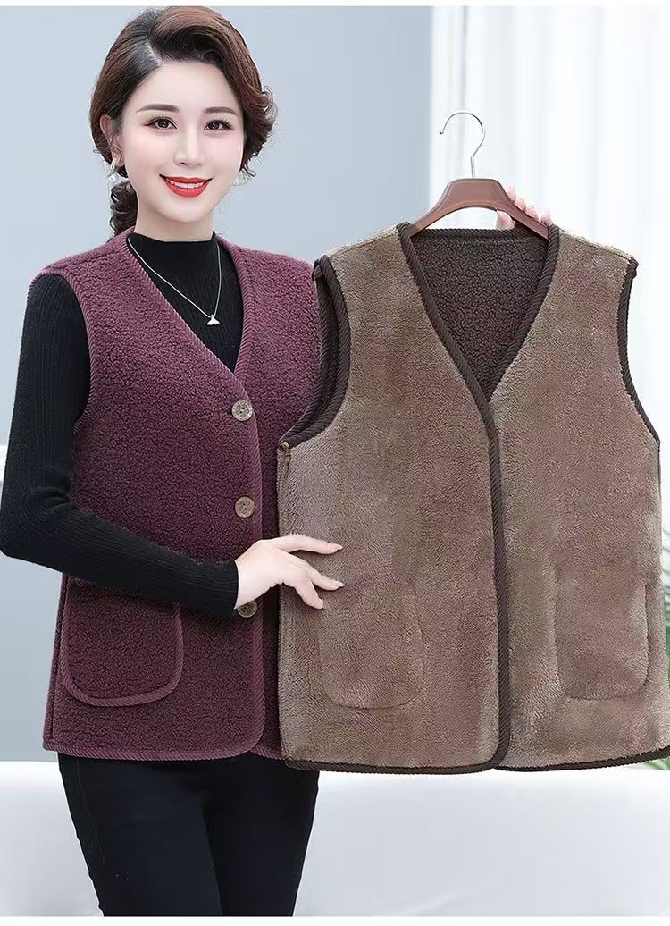 中老年妈妈女秋冬颗粒绒时尚马甲背心新款妈妈加绒加厚坎肩上衣