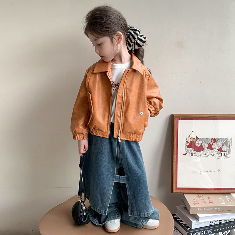女童复古皮衣春秋款洋气小女孩时髦女宝宝PU皮外套儿童夹克拉链衫