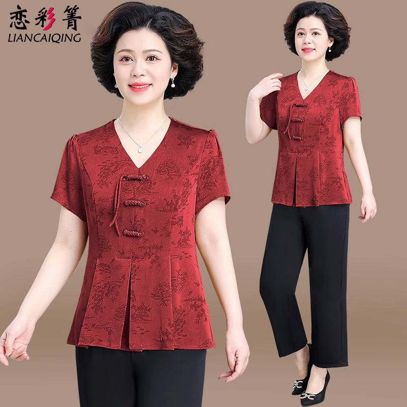 母亲节新中式妈妈装夏装套装中老年夏季短袖小衫上衣气质两件套女