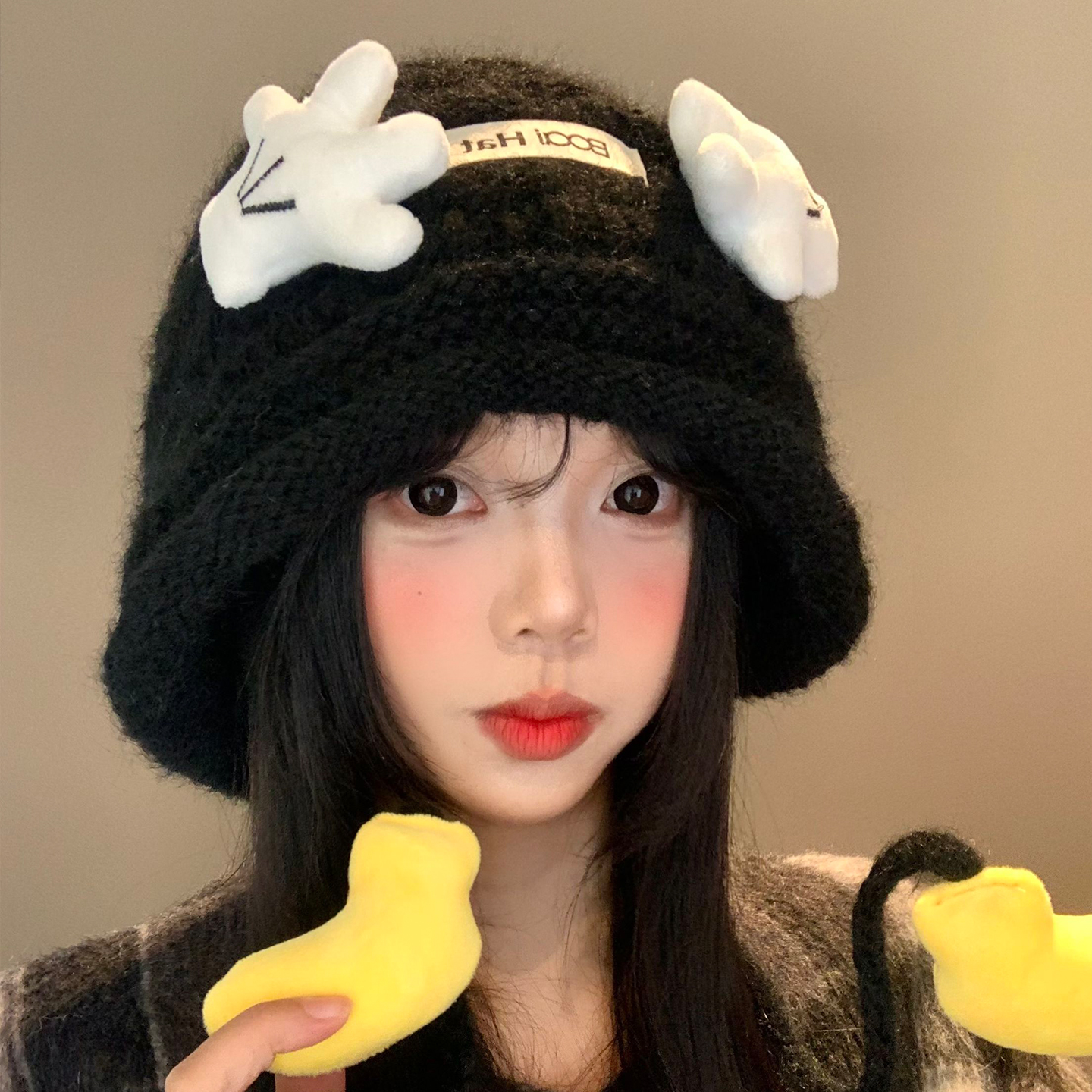 可爱米奇小手针织护耳帽女秋冬显脸小保暖毛线帽防寒套头包头帽子