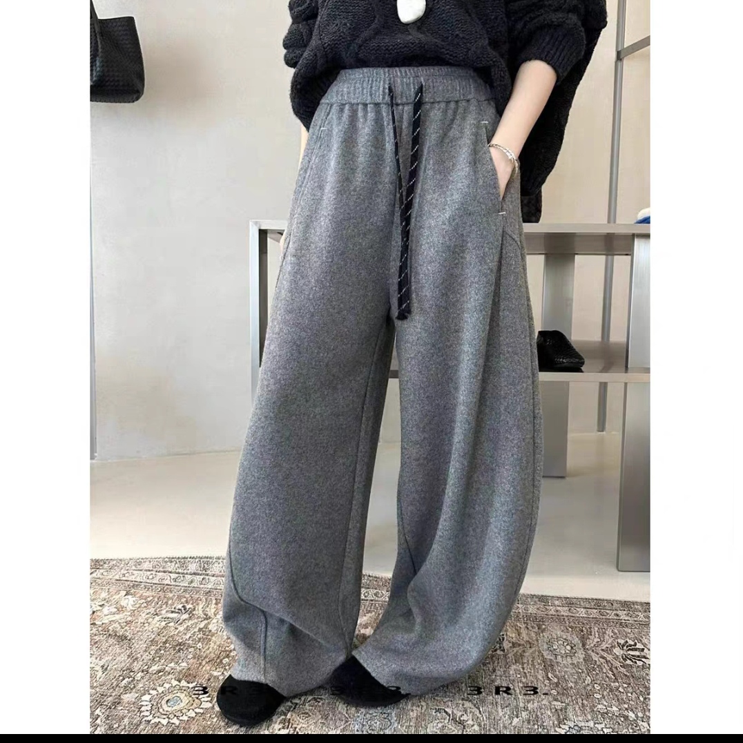 秋冬女裤加绒加厚新款松紧腰抽绳纯色宽松阔腿弯刀休闲长裤